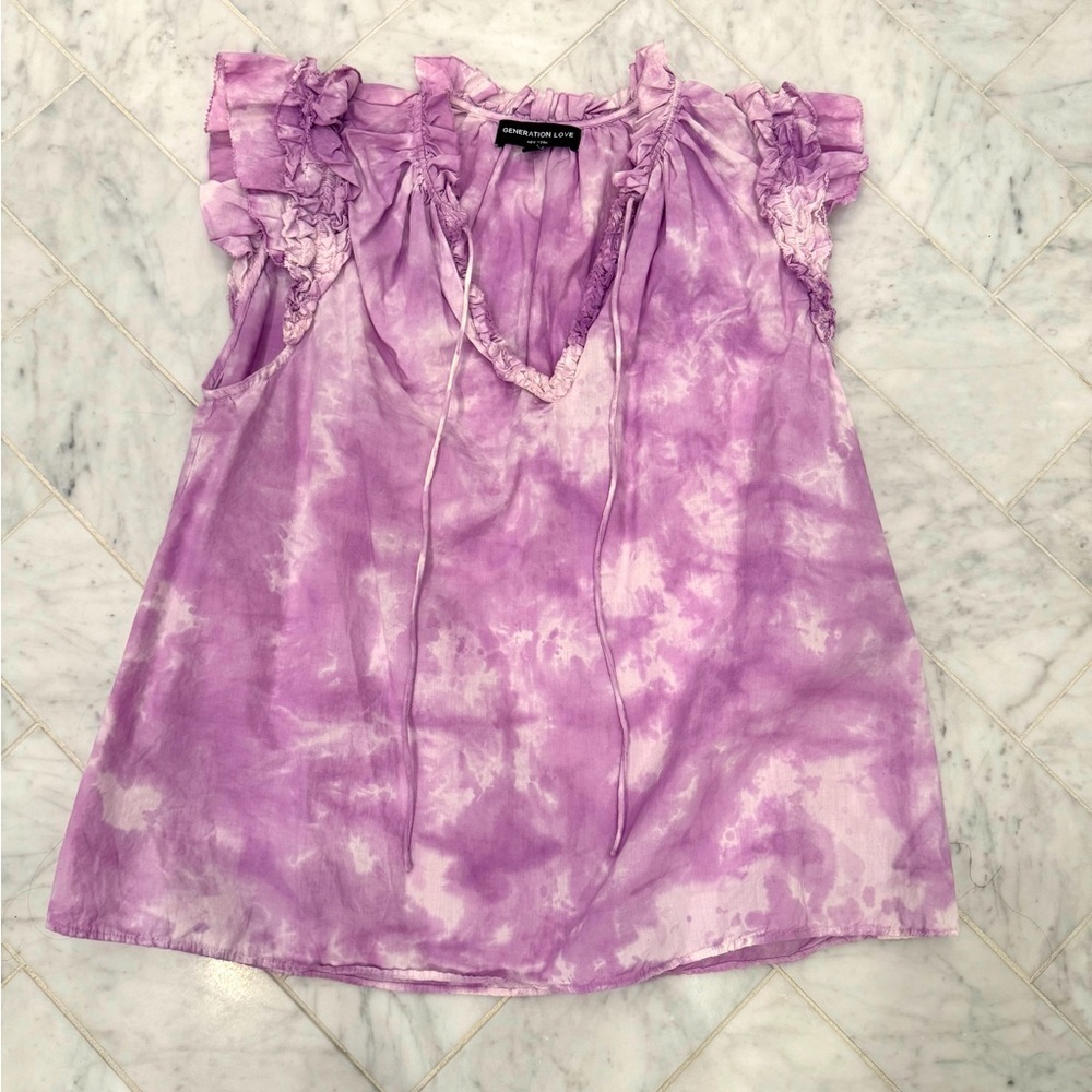 GENERATION LOVE TIE DYE RUFFLE FLUTTER SLEEVE PURPLE & white size small
